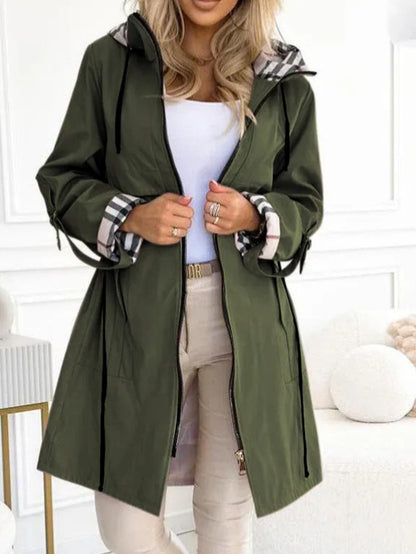 Women's Hooded Plaid Printed Windbreaker Coat