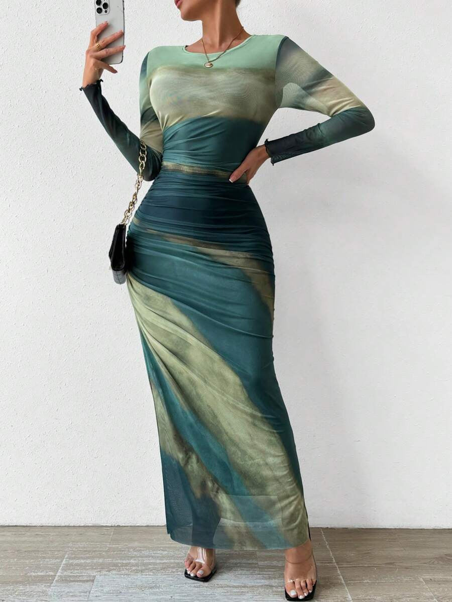 Mesh Print Sleeveless Ruffled Detail Bodycon Round Neck Dress