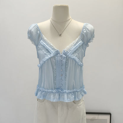 Chic Lace V-Neck Chiffon Short-Sleeve T-Shirt