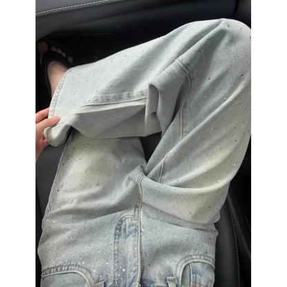 Designer rechte jeans met strass steentjes hoge taille voor dames