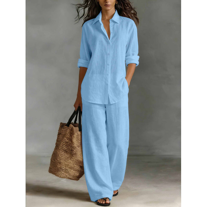 Casual katoen-linnen blouse en broekset voor dames