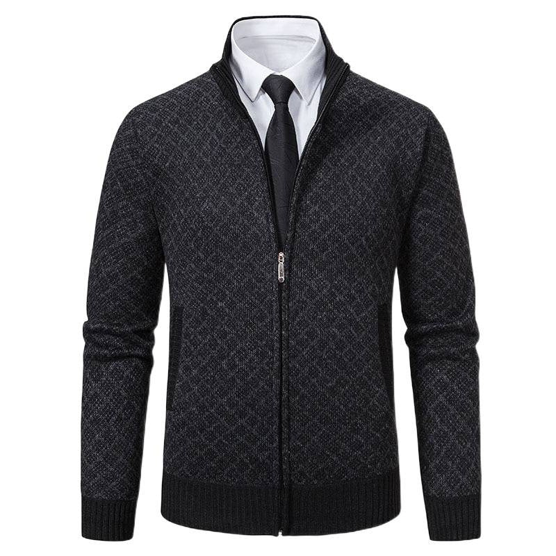 Autumn and Winter Velvet Thickeneded Casual Cardigan Sweater Men's Stand-Up Collar Outer Hooded Zipper Knitted Sweater Jacket