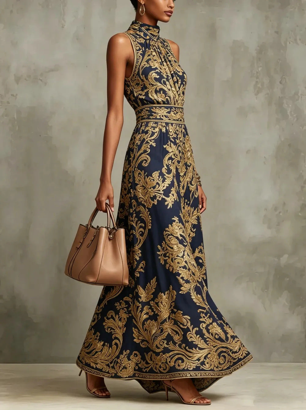 Lady's golden embroidered fitted and slimming evening gown for formal events