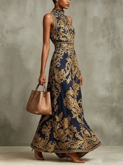 Lady's golden embroidered fitted and slimming evening gown for formal events