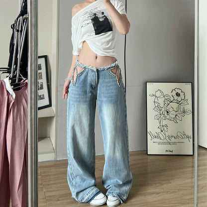 Star Hollow-Out Rhinestone Jeans Loose Wide-Leg Pants