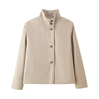 Womens Stand Collar Button Woolen Jacket