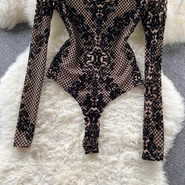 All-In-One Sexy See-Through Long-Sleeved Slim Bottoming Top Leopard-Print Plaid Slim Jumpsuit