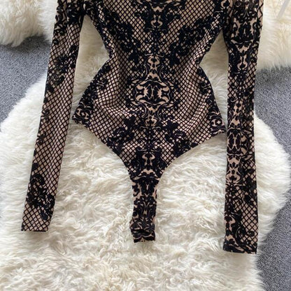 All-In-One Sexy See-Through Long-Sleeved Slim Bottoming Top Leopard-Print Plaid Slim Jumpsuit
