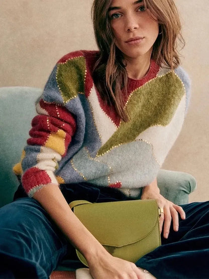 Colorful Patchwork Sequin Sweater for Women Fashion Loose Long Sleeve O-neck Lady Knit Pullovers Autumn Winter Female Jumpers