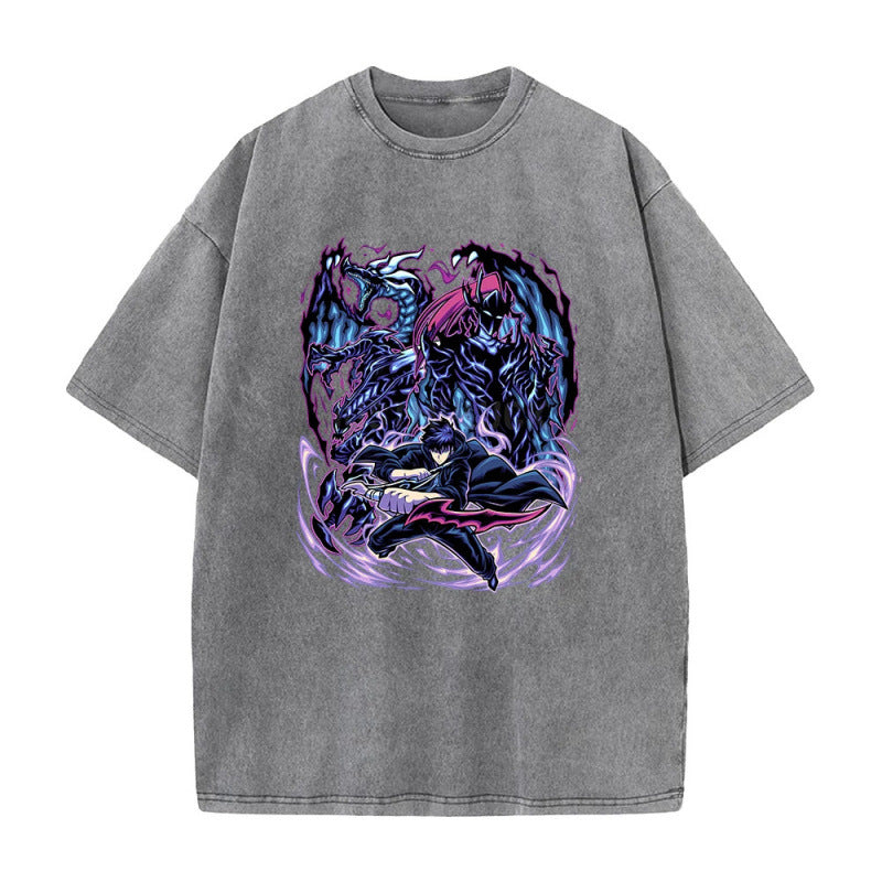 Summer New Anime Solo Leveling Printed T-Shirt Summer Cotton Washed Vintage Short Sleeve