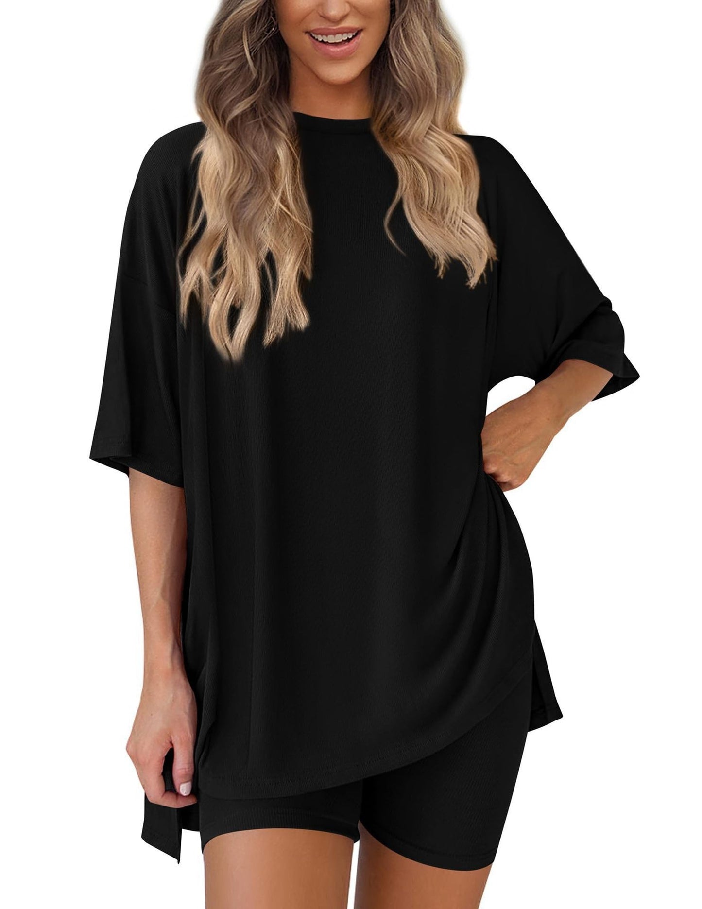 Loose Fit Casual Round Neck Short Sleeve Shorts TwoPiece Set