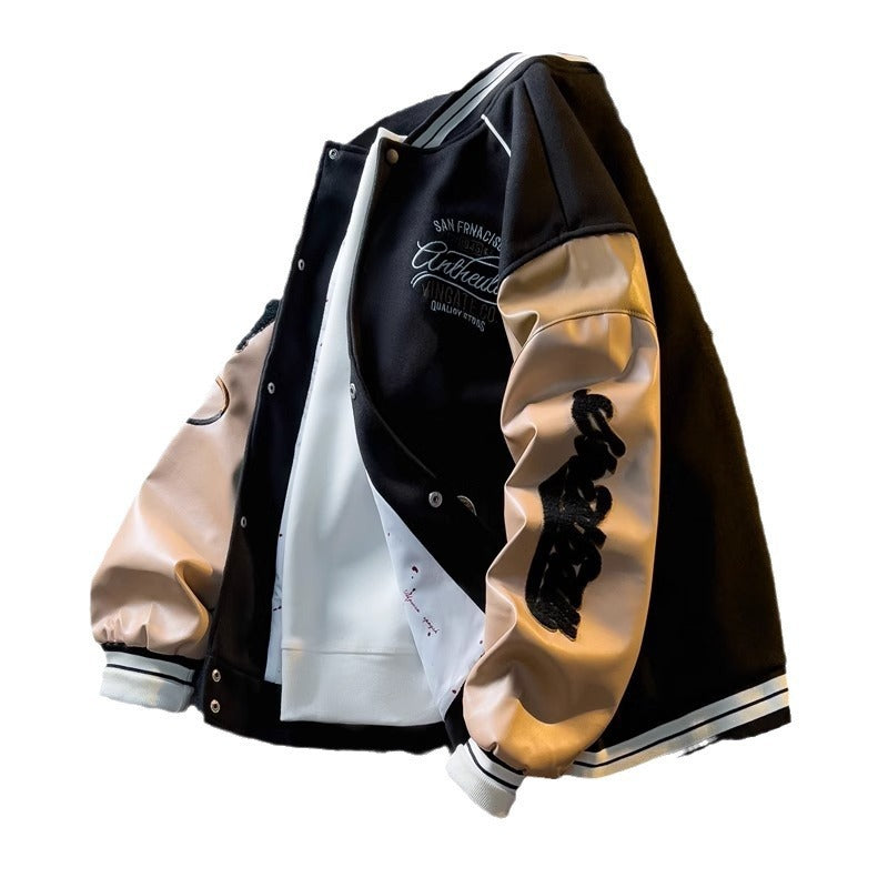 Contrasterende Amerikaanse PU-leren mouwen jacket met borduurwerk heren