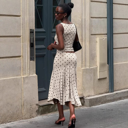 Elegant Polka Dot Sleeveless Short Top Set with Waist-Cinching Bodycon Figure-Flattering Mermaid Long Skirt