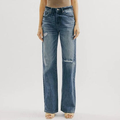 Amerikaanse retro jeans met hoge taille en wijde pijpen