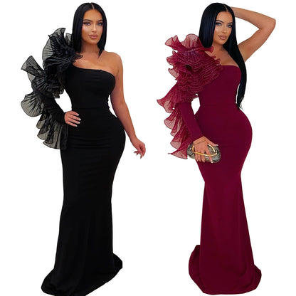 Fashion Elegant Single Ruffle Sleeve Fitted Dress for Women