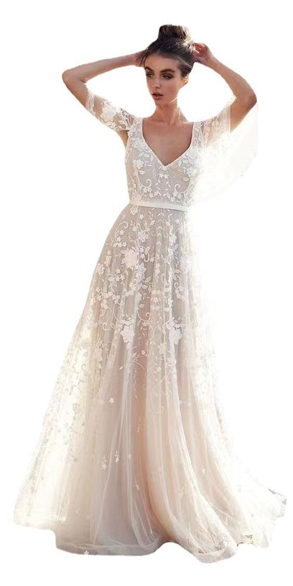 Spring/Summer New Women's Deep V Mid length Dress Lace Backless Evening Dress