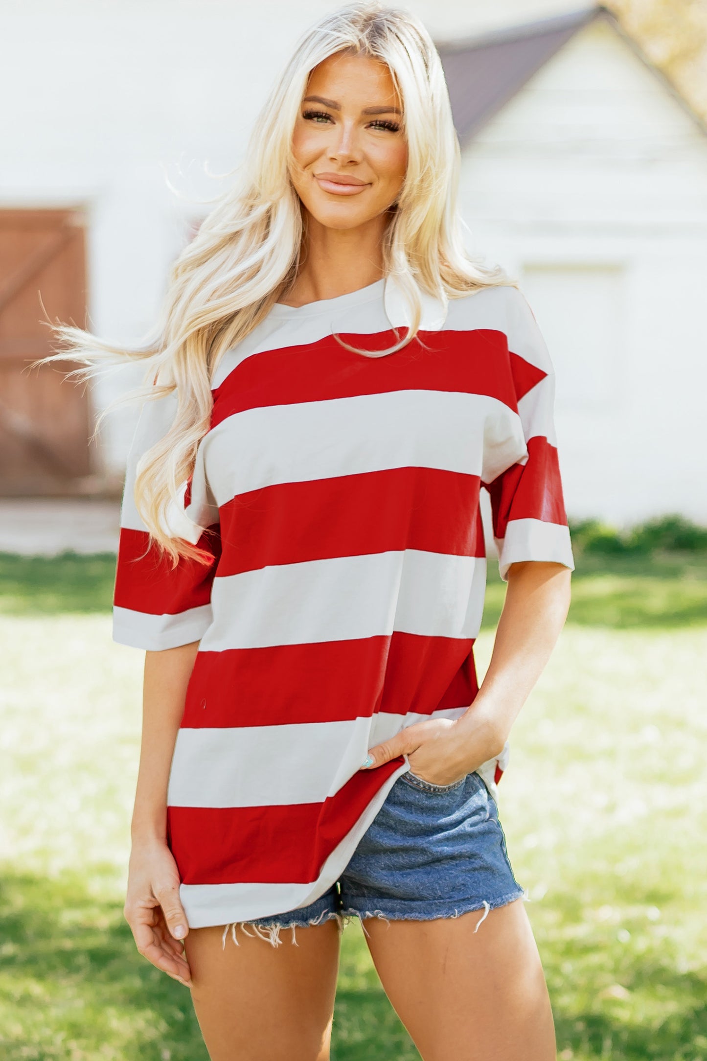 Oversized gestreepte T-shirt met kleurblokken en korte mouwen
