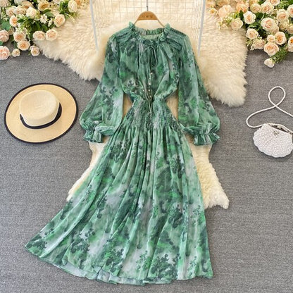 Autumn Women Printed Long Dress Vintage Ruffle Stand Collar Puff Sleeve High Waist Elegant Maxi Robe Female Big Swing Dress