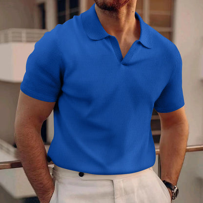 Heren zomer poloshirt met V-hals revers korte mouwen en zware wafelstructuur