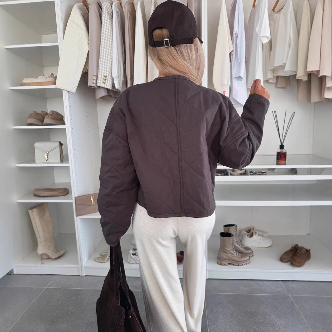 Dames casual O-hals korte geruite katoenen gewatteerde jacket