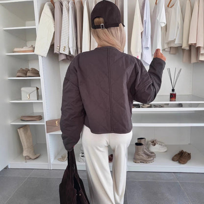 Dames casual O-hals korte geruite katoenen gewatteerde jacket