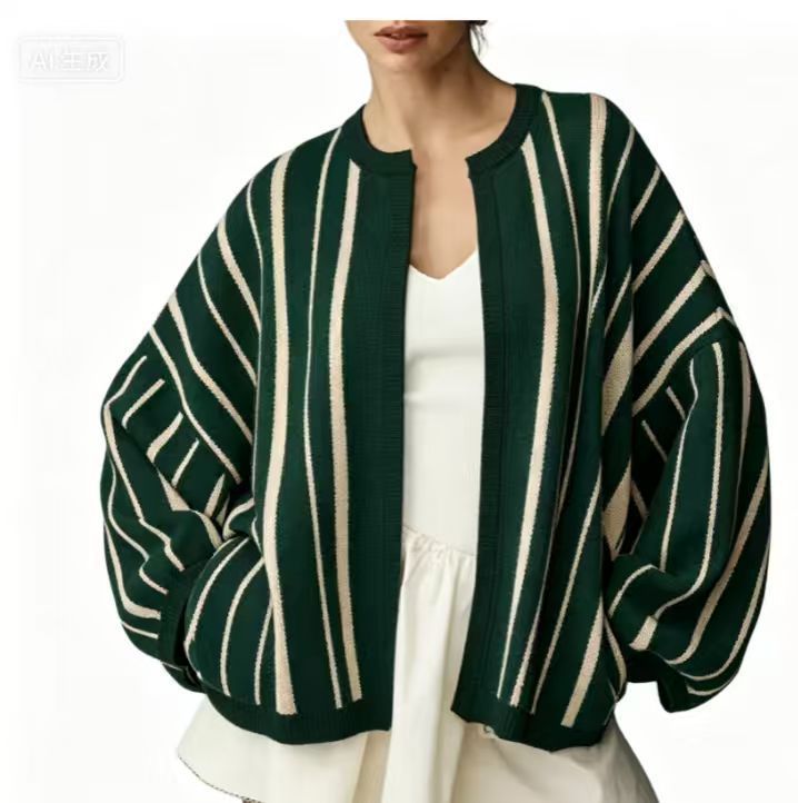Women's Oversized Color-Block Striped Loose Knit Cardigan