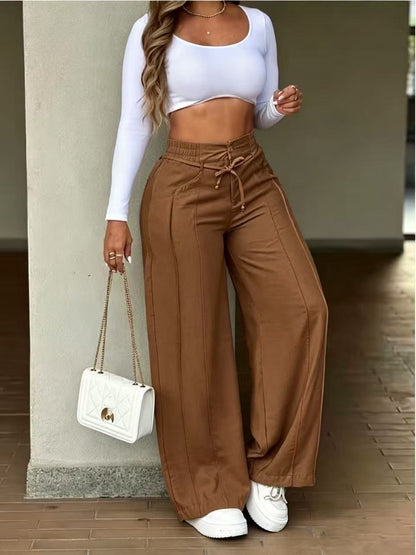Drawstring High Waist Wide Leg Pants