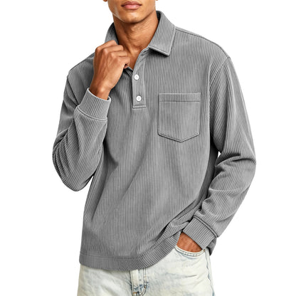 Heren corduroy poloshirt met halve knoopsluiting en lange mouwen