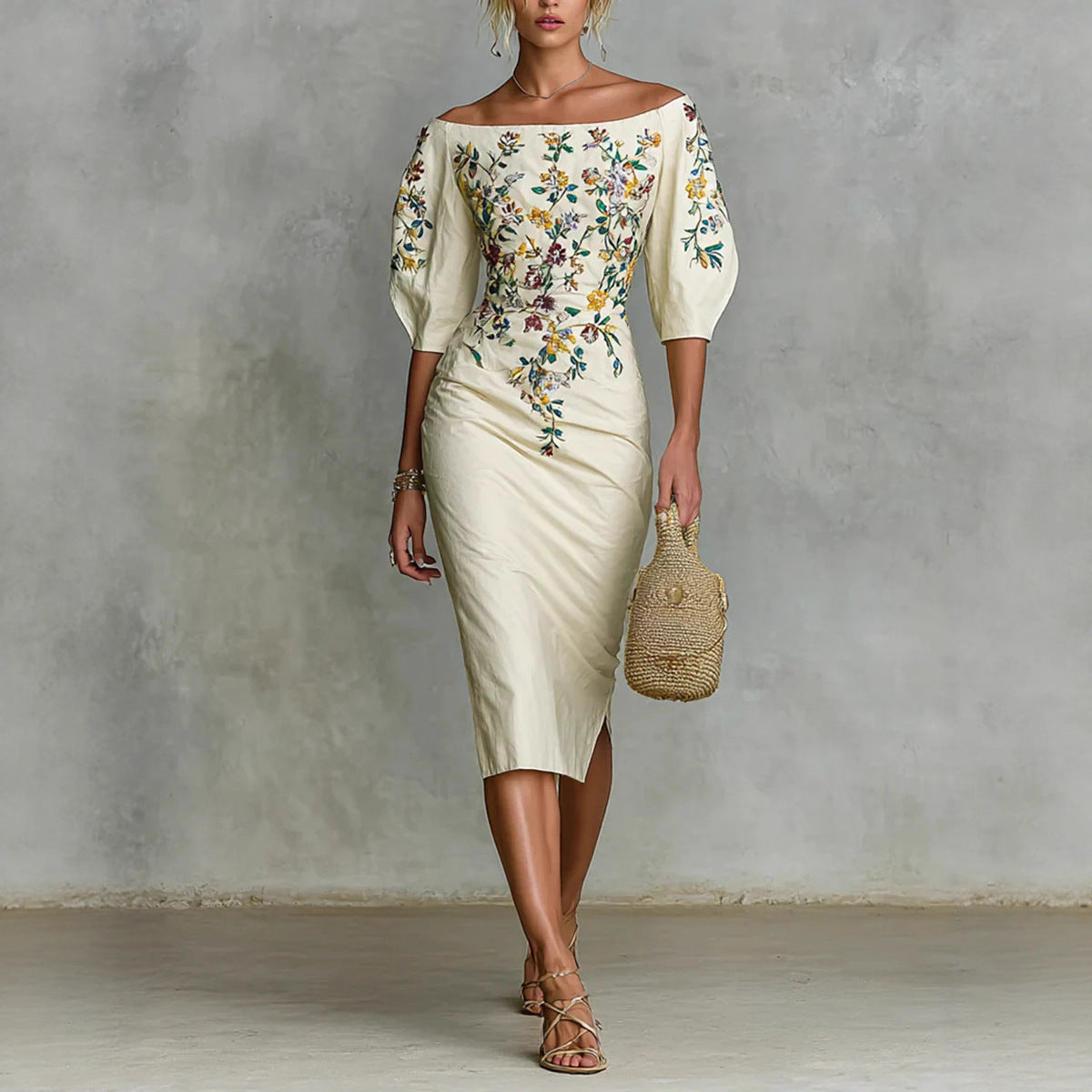 Elegant One-Shoulder Lantern Sleeve Dress