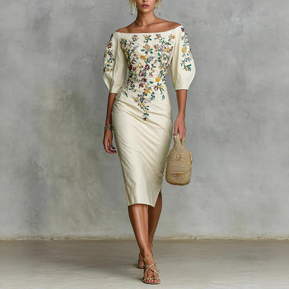 Elegant One-Shoulder Lantern Sleeve Dress