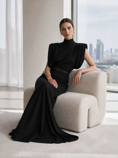 Women's Sleeveless High Neck Evening Party Long Dress with Belt