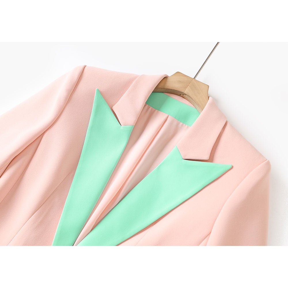 Splicing jacket for women spring and summer seven quarter sleeved suit jacket pink single breasted jacket commuting jacket