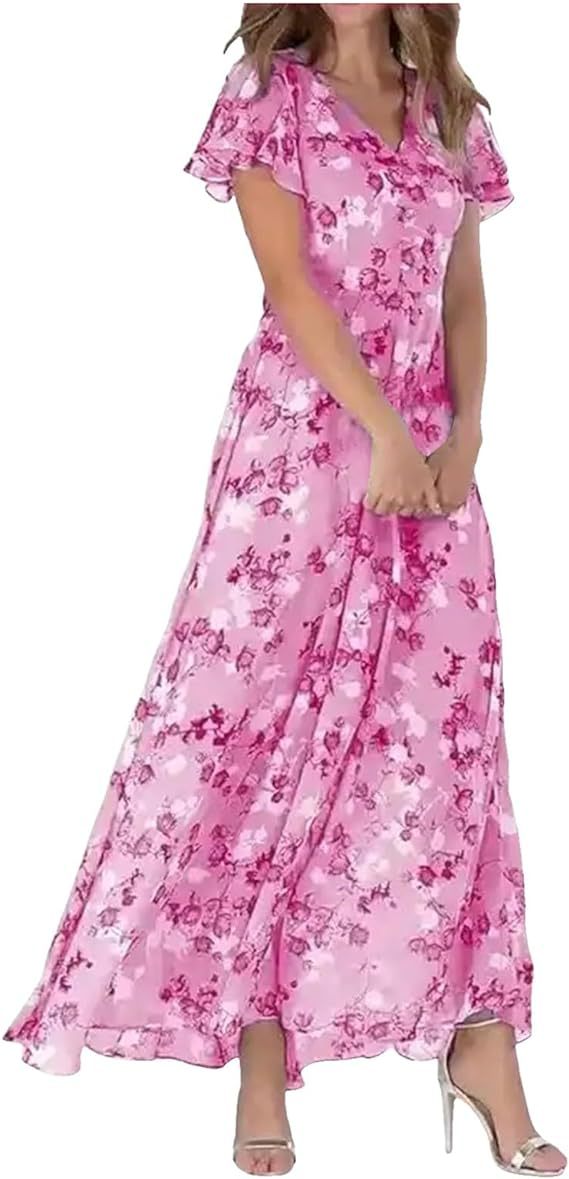Womens Floral Print Chiffon V Neck Ruffled Swing Dress Short Sleeve Midi Beach Long Dress