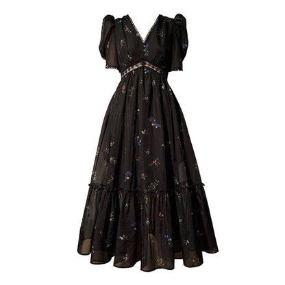 Vintage Printing Lace-up Lantern Sleeve Maxi Dress For Women O-neck Loose Holiday Dresses Summer New Clothing