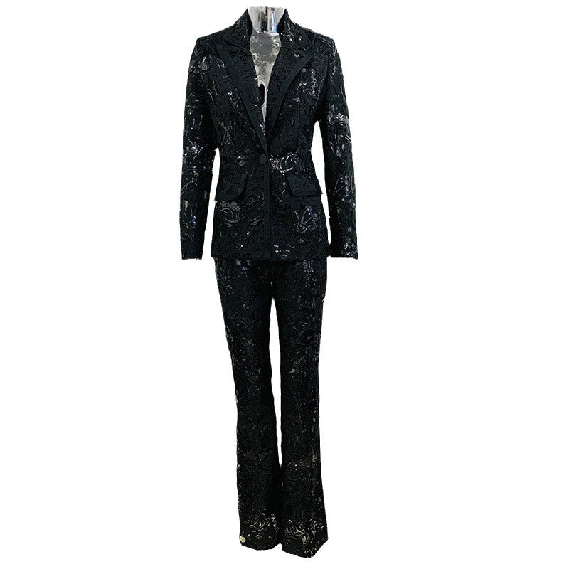 Embroidered Sequin Mesh Blazer and Pants