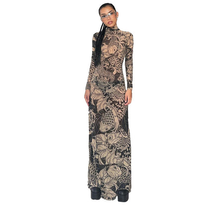 Women Autumn Winter Long Sleeve Mesh See Through Streetwear Bodycon Long Dress Wholesale Items For Business