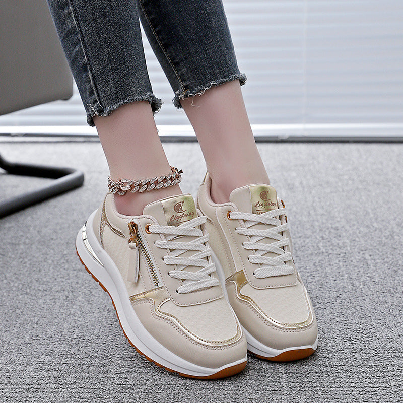 Women Colorblocked Round Toe PU Leather Flat Platform Casual Sneakers
