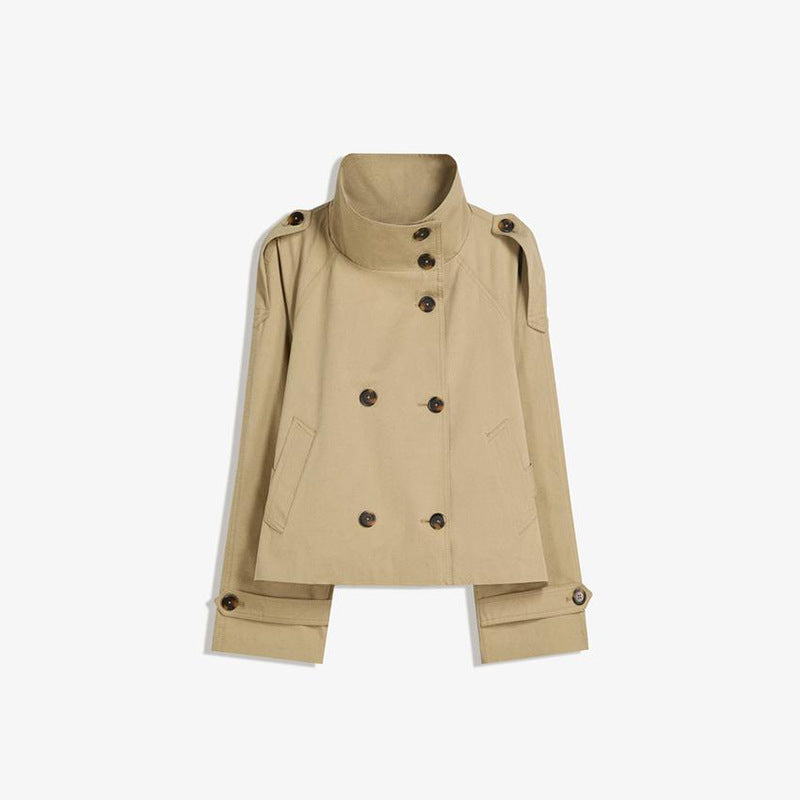 Retro V-neck double-buttoned belted short coat with zipper closure
