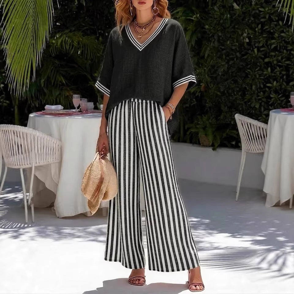 Linen-Cotton Set: Loose V-Neck Short-Sleeve Top and Striped Wide-Leg Pants