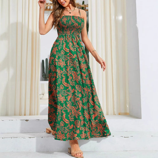 Lange cami-jurk met gesmockte buste en bloemenprint