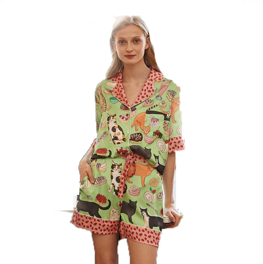 Coffee Cat Japanese Pajamas Girls Summer Short Sleeve Shorts Thin Ins Cartoon Cute Home Clothes Set