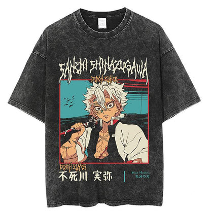Anime Print T-Shirt Summer Cotton Washed Vintage Short Sleeve