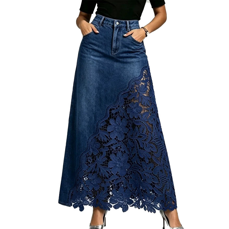 Womens Washed Denim Lace Patchwork Long Bodycon Skirt