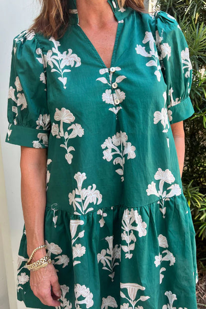 Mini-jurk met ruches V-hals pofmouwen en bloemenprint