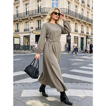 Elegant Solid Color Wrap Dress with Belt