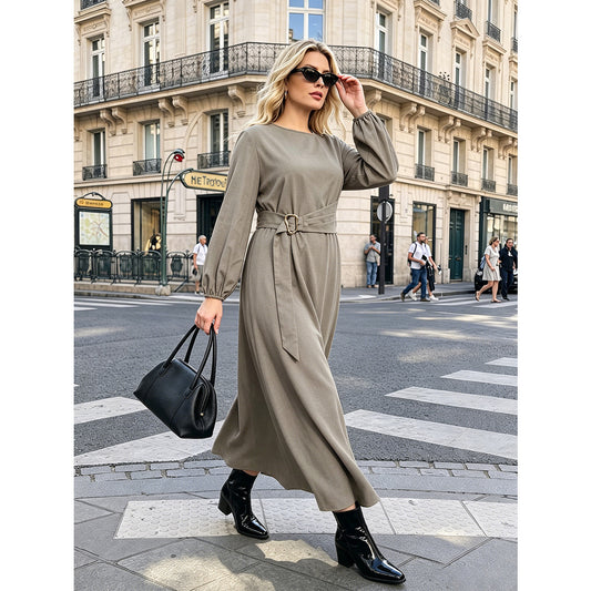 Elegant Solid Color Wrap Dress with Belt