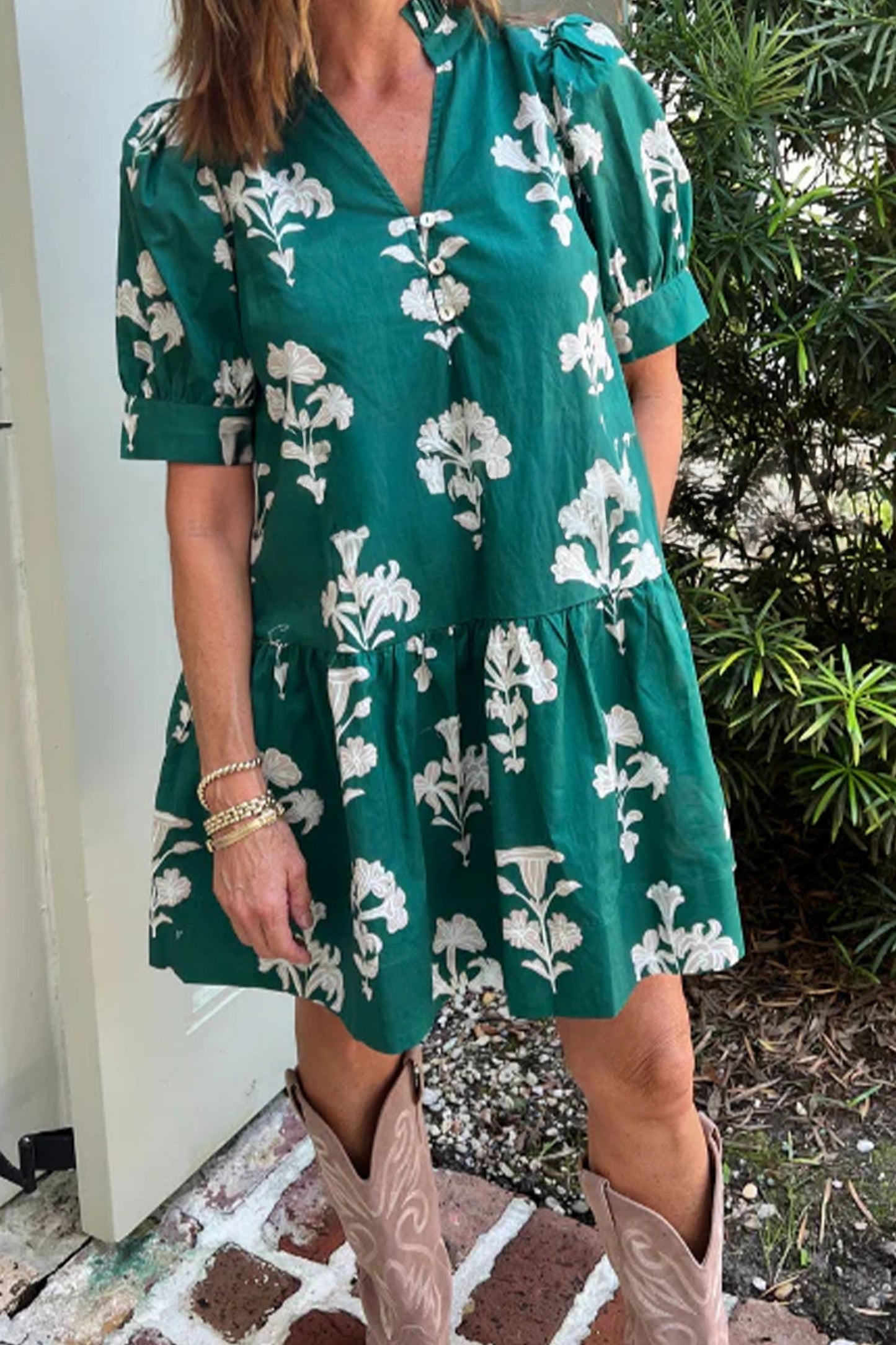 Mini-jurk met ruches V-hals pofmouwen en bloemenprint