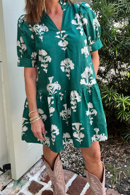 Mini-jurk met ruches V-hals pofmouwen en bloemenprint
