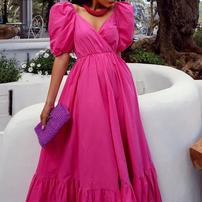 Elegant Puff Sleeve Long Maxi Dresses Women Sexy V Neck Rose Red Boho Holiday Sundress Summer Party Club Dress Robes