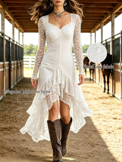Long Sleeve Square Neck Lace Dress